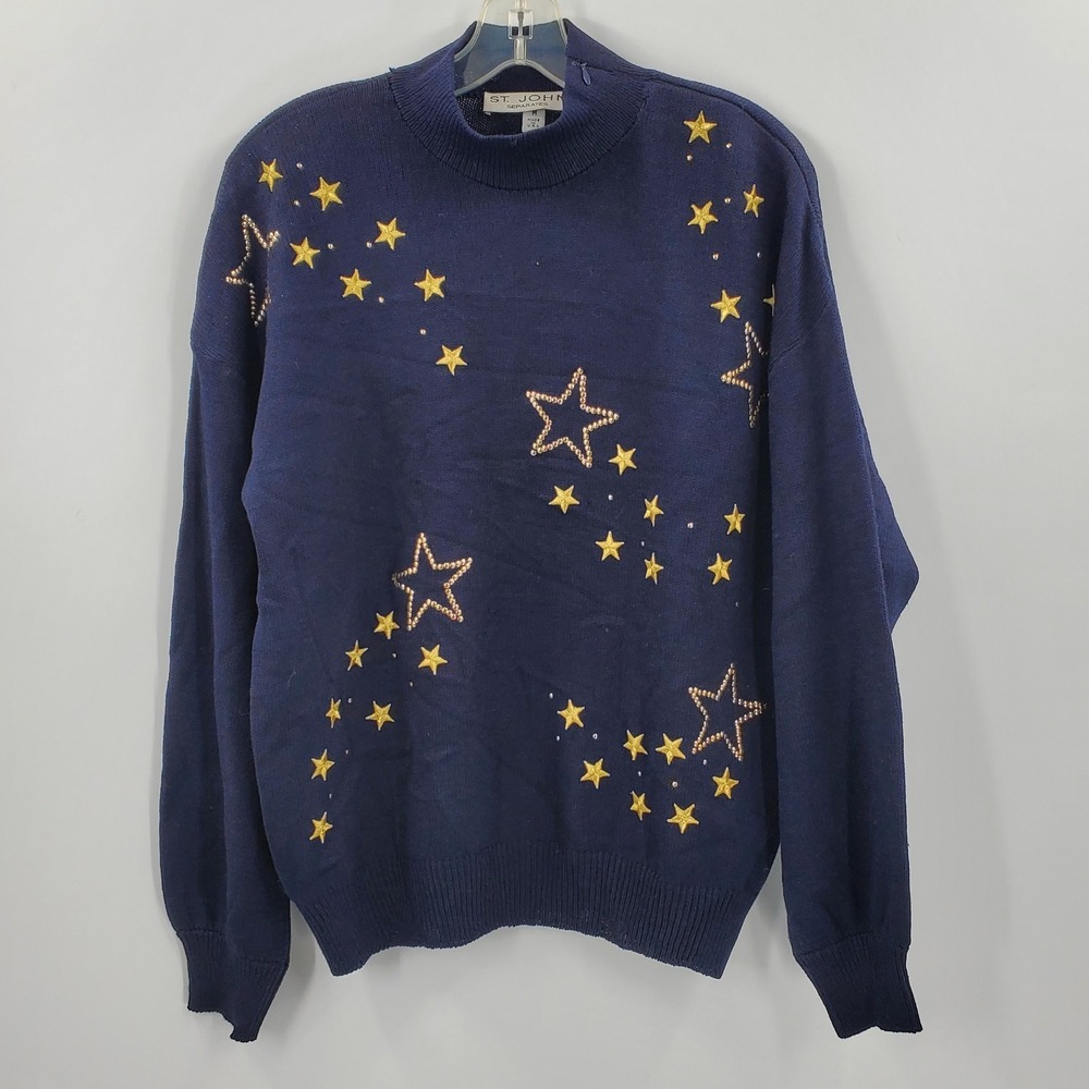 St. John Separates Mock Neck Embroidered Gold Star Knit Sweater Size Medium